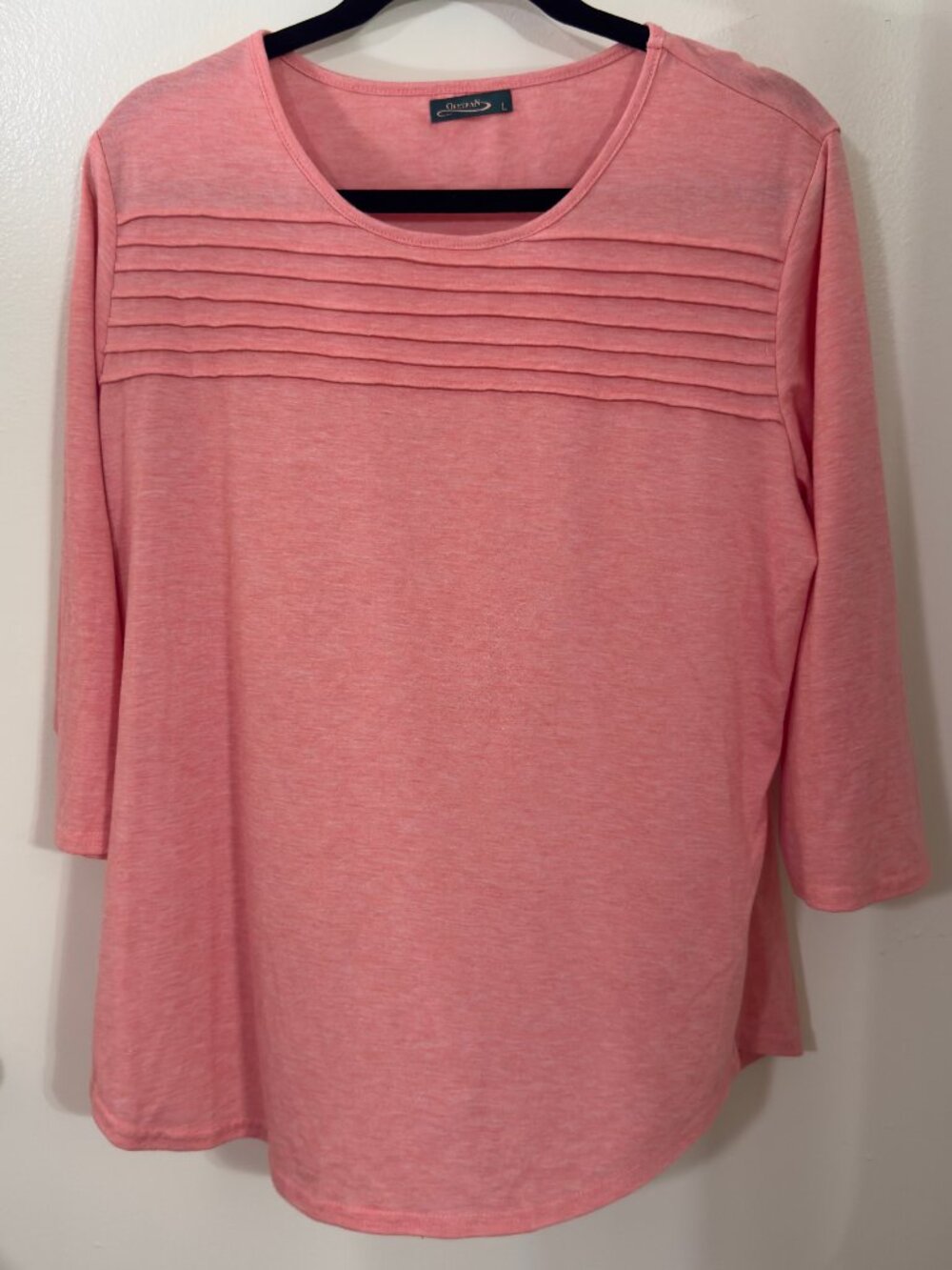 Ofeefan T-Shirt Womens Large Pink Casual 3/4 Sleeve Pleated Front Scoop Neck Top
